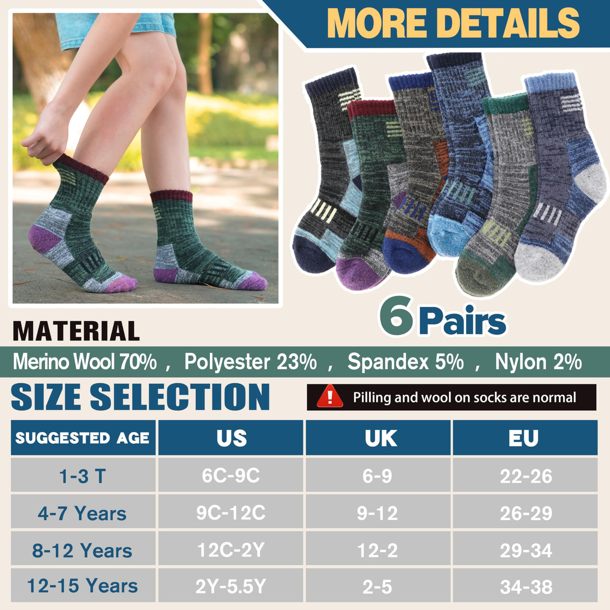 Kids Merino Wool Hiking Socks Boys Toddler Thermal Warm Thick Winter Cushioned Gifts Socks 6 Pairs Stocking Stuffers(Mixed,8-12 Years) 🍁 All In One Marketplace Canada