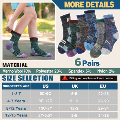 Kids Merino Wool Hiking Socks Boys Toddler Thermal Warm Thick Winter Cushioned Gifts Socks 6 Pairs Stocking Stuffers(Mixed,8-12 Years) 🍁 All In One Marketplace Canada