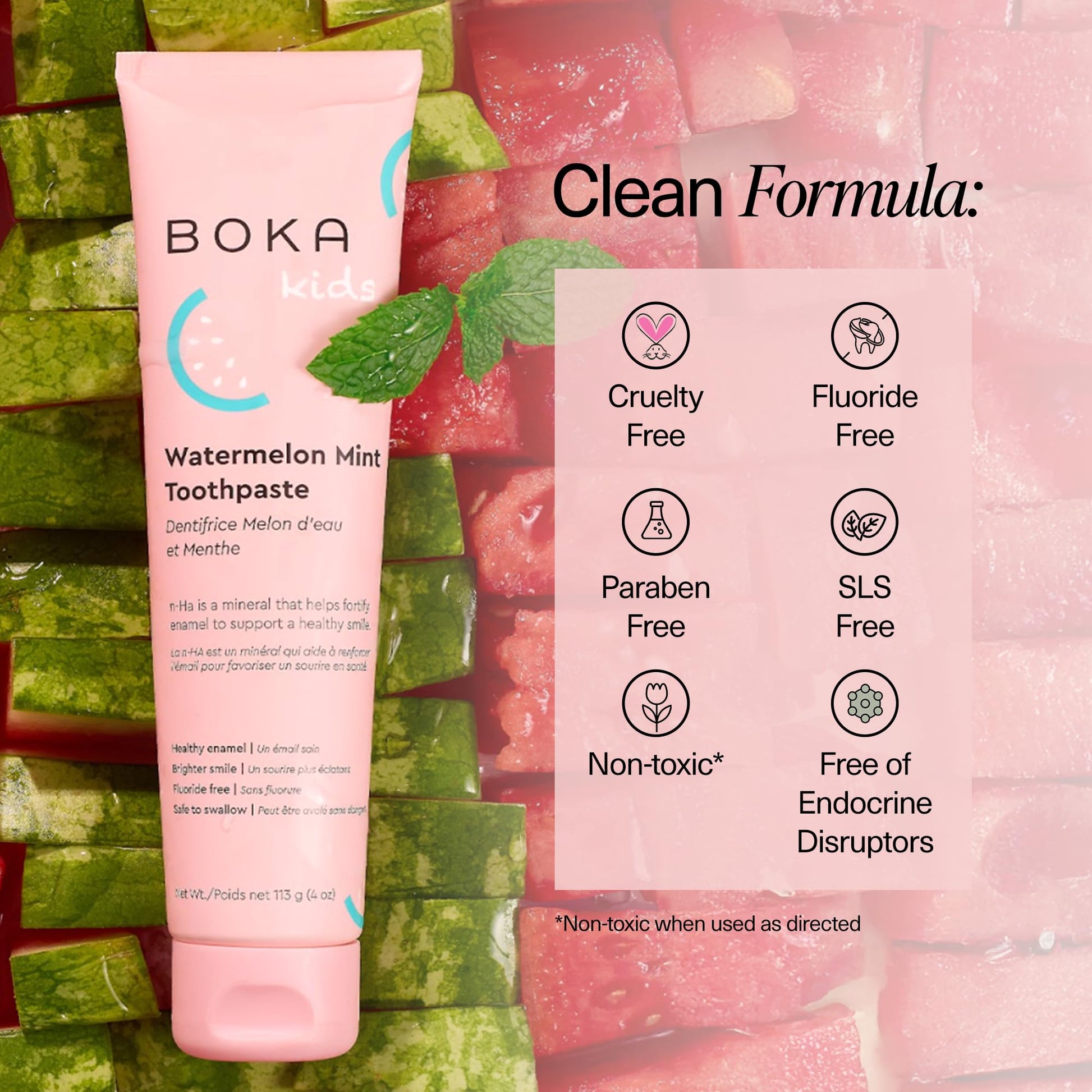 Boka Fluoride Free Toothpaste, Nano Hydroxyapatite, Training Toothpaste - Watermelon Mint Flavor, 4 Fl Oz (113g) 1Pk