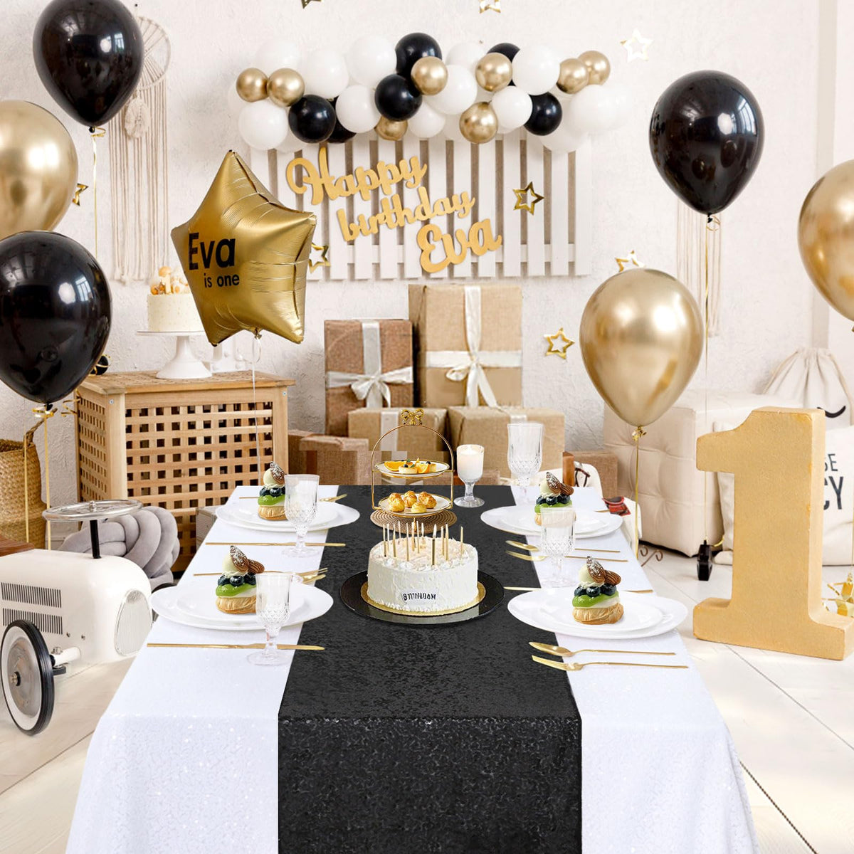 B-COOL Black Sequin Table Runner 4 Pack 12x72Inch Glitter Halloween Decoration Sparkly Black Table Fabric for Graduation Holiday Birthday Outdoor Dining Party Decoration