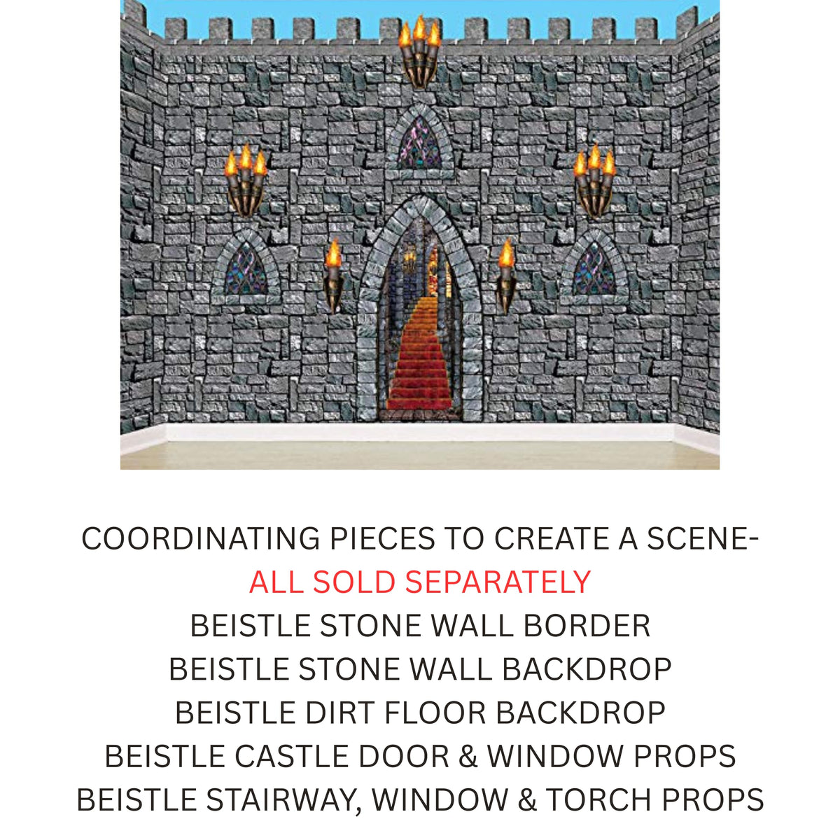 Beistle Medieval Stairway, Window & Torch Props, 9 Images, Haunted Castle Wall Decorations, Spooky Gothic Scene for Halloween Parties & Dungeon Themes, Printed Plastic Cutouts, 18” to 60”