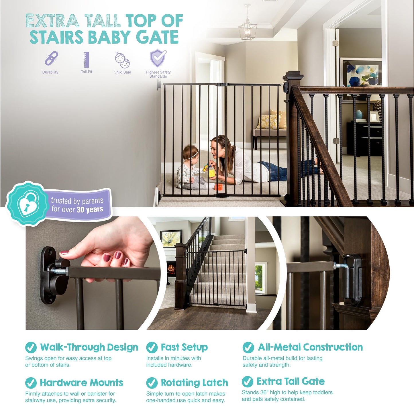 Regalo 2-in-1 Extra Tall Easy Swing Stairway and Hallway Walk Through Baby Gate, Award Winning Brand, 36 Inches Tall, Fits Openings Between 24 to 40.5 Inches,Black 🍁 All In One Marketplace Canada