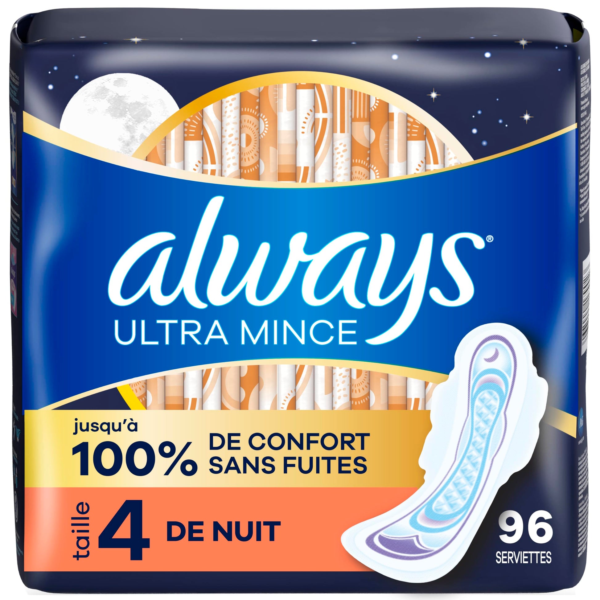 Always Ultra Thin Feminine Pads with Wings for Women, Size 4, Overnight Absorbency, Unscented, 96 Count