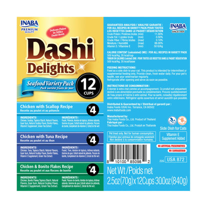 INABA Dashi Delights for Cats, 70 gram Cup, 12 Cups Total, Seafood Variety INABA