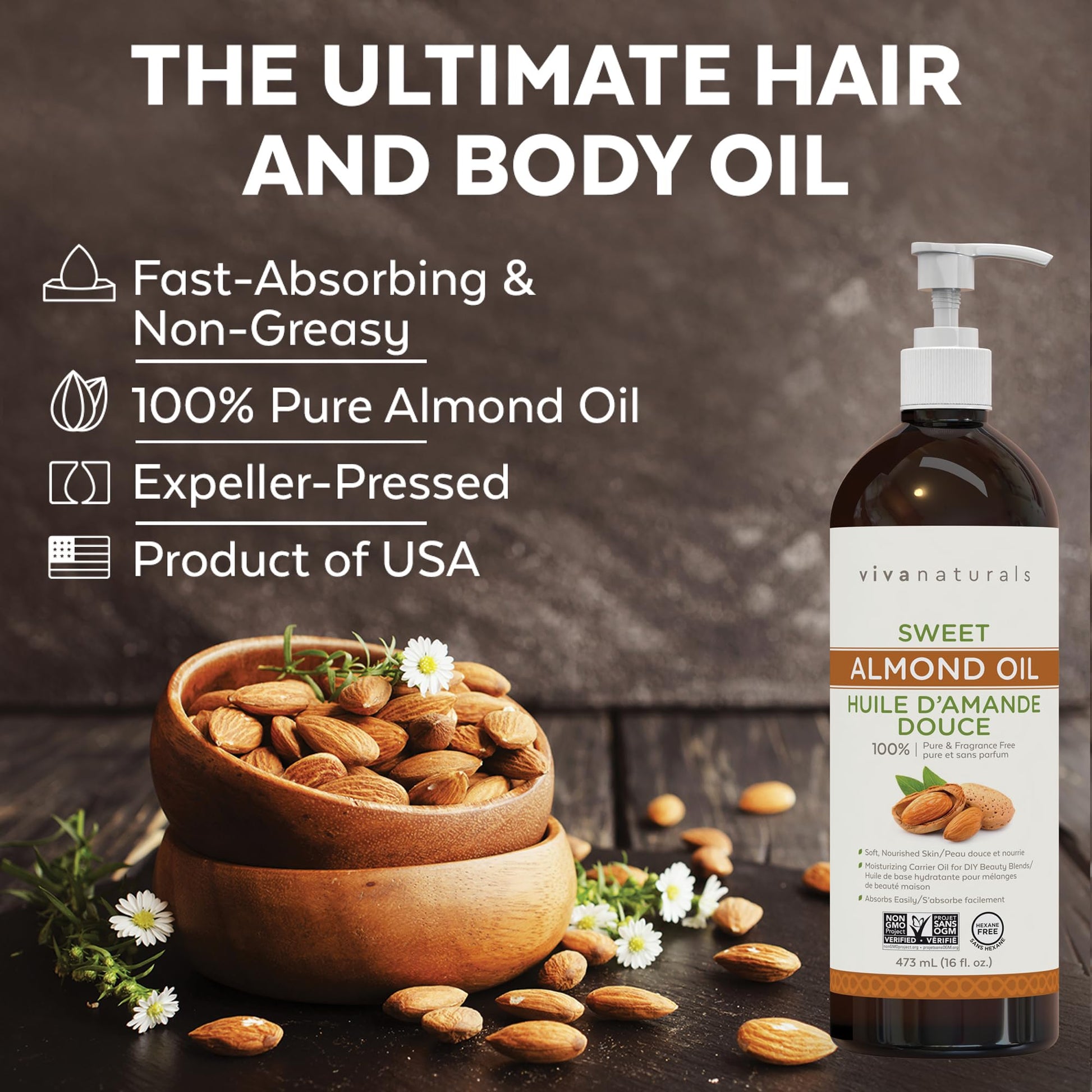 Viva Naturals Sweet Almond Oil – Almond Oil for Skin, Hair & Face, Body Oil After Shower, Body Oil for Dry Skin, Carrier Oil for Essential Oils & Almond Hair Oil, 16 fl oz - Available at All In One Marketplace Canada