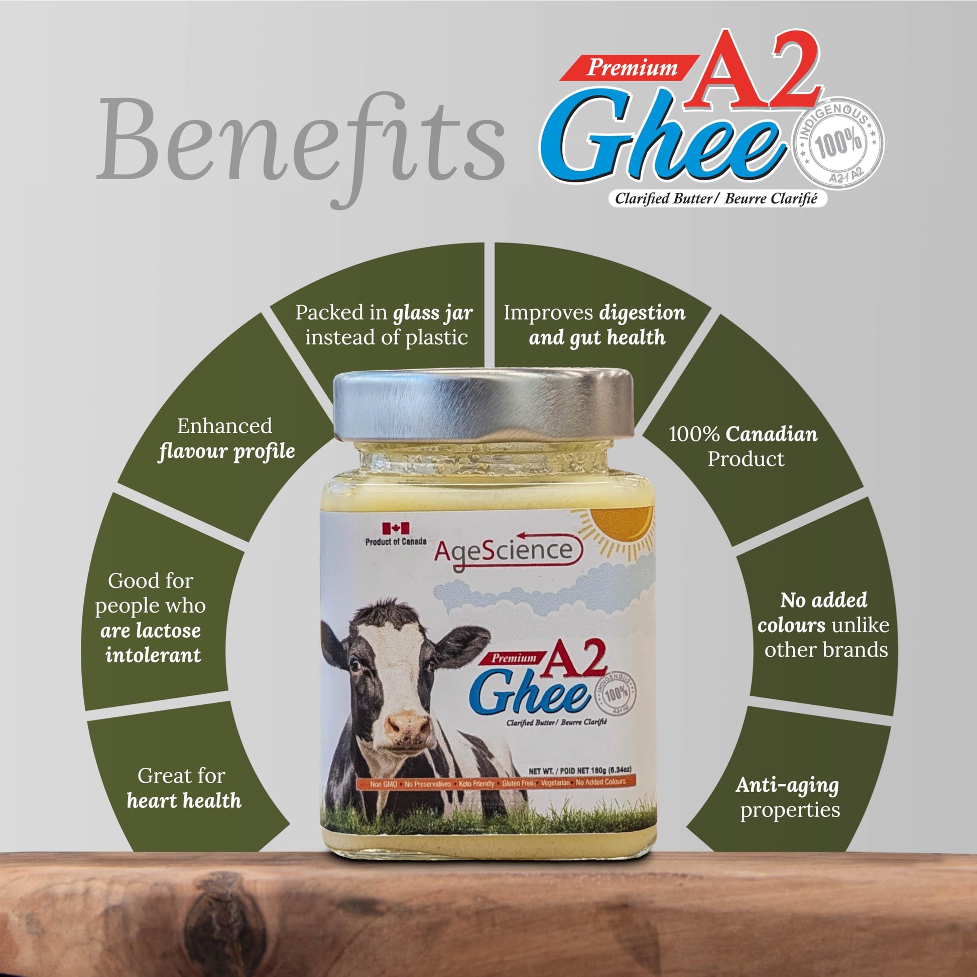 AgeScience A2 Ghee – Pure Canadian Clarified Butter, Lactose & Casein Free, 650g Glass Jar