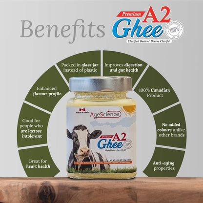 AgeScience A2 Ghee – Pure Canadian Clarified Butter, Lactose & Casein Free, 650g Glass Jar