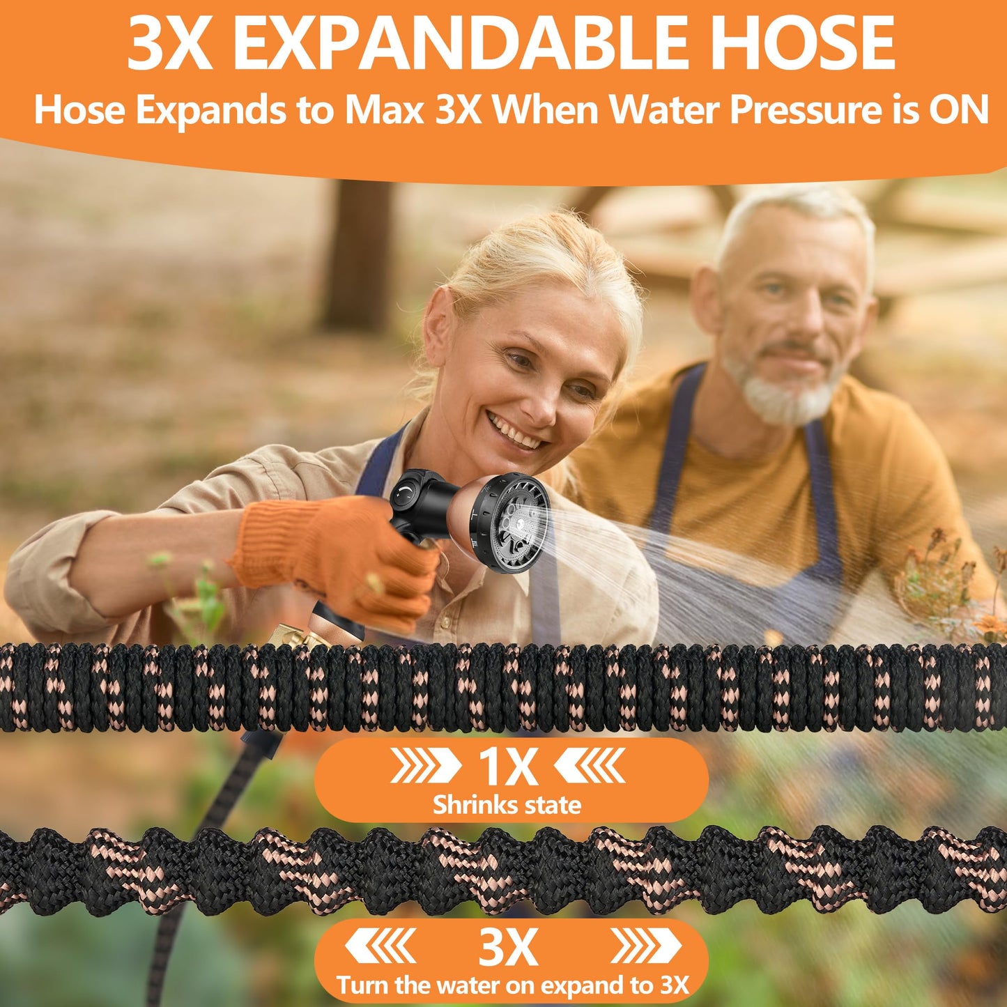 50 Foot Garden Hose – 2026 Upgarded Expandable Garden Hose w/10 Pattern Spray Nozzle, 650psi Brass 3/4” Fittings – Lightweight, Durable, Kink-Free, Retractable Water Hoses for Gardening(Black Gold)