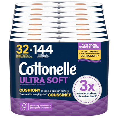 Cottonelle Toilet Paper, 32 Family Mega Rolls = 144 Regular Rolls (8 Packs of 4), Ultra Soft, Soft Bathroom Tissue, 296 Sheets per Roll, Packaging May Vary - Available at All In One Marketplace Canada
