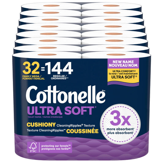 Cottonelle Toilet Paper, 32 Family Mega Rolls = 144 Regular Rolls (8 Packs of 4), Ultra Soft, Soft Bathroom Tissue, 296 Sheets per Roll, Packaging May Vary - Available at All In One Marketplace Canada