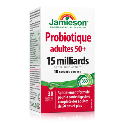 Jamieson Adult 50+ Probiotic 15 Billion Active Cells, Bifidobacterium Boost, Supports Digestive Health and Intestinal Health. 10 Unique Strains, Including Lactobacillus and Bifidobacterium, Non-GMO, Gluten-Free, 30 Vegetarian capsules