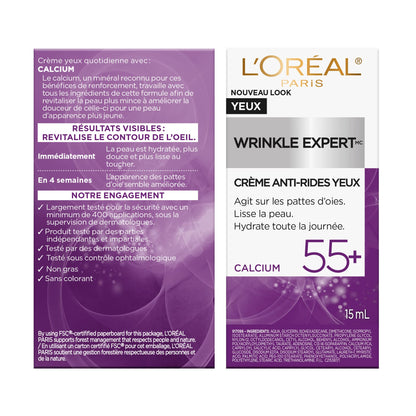 L’Oréal Paris Anti-Aging Under Eye Cream 55+, Day & Night Skincare, Wrinkle Expert, With Calcium to Reduce the Look of Crows Feet, Dark Circles & Puffy Eyes, 15mL