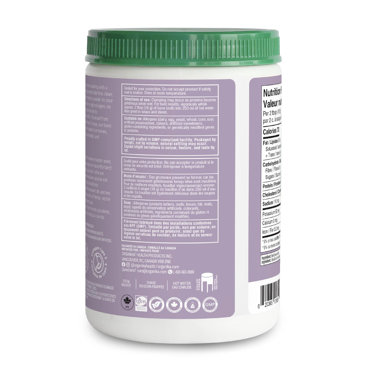 Organika Canadian-Made Beef Bone Broth Powder - Protein and Collagen Rich Bone Broth with Glucosamine and hyaluronic acid, from Grass-Fed Cattle whilst being Gluten and Dairy Free, Keto Friendly 300g