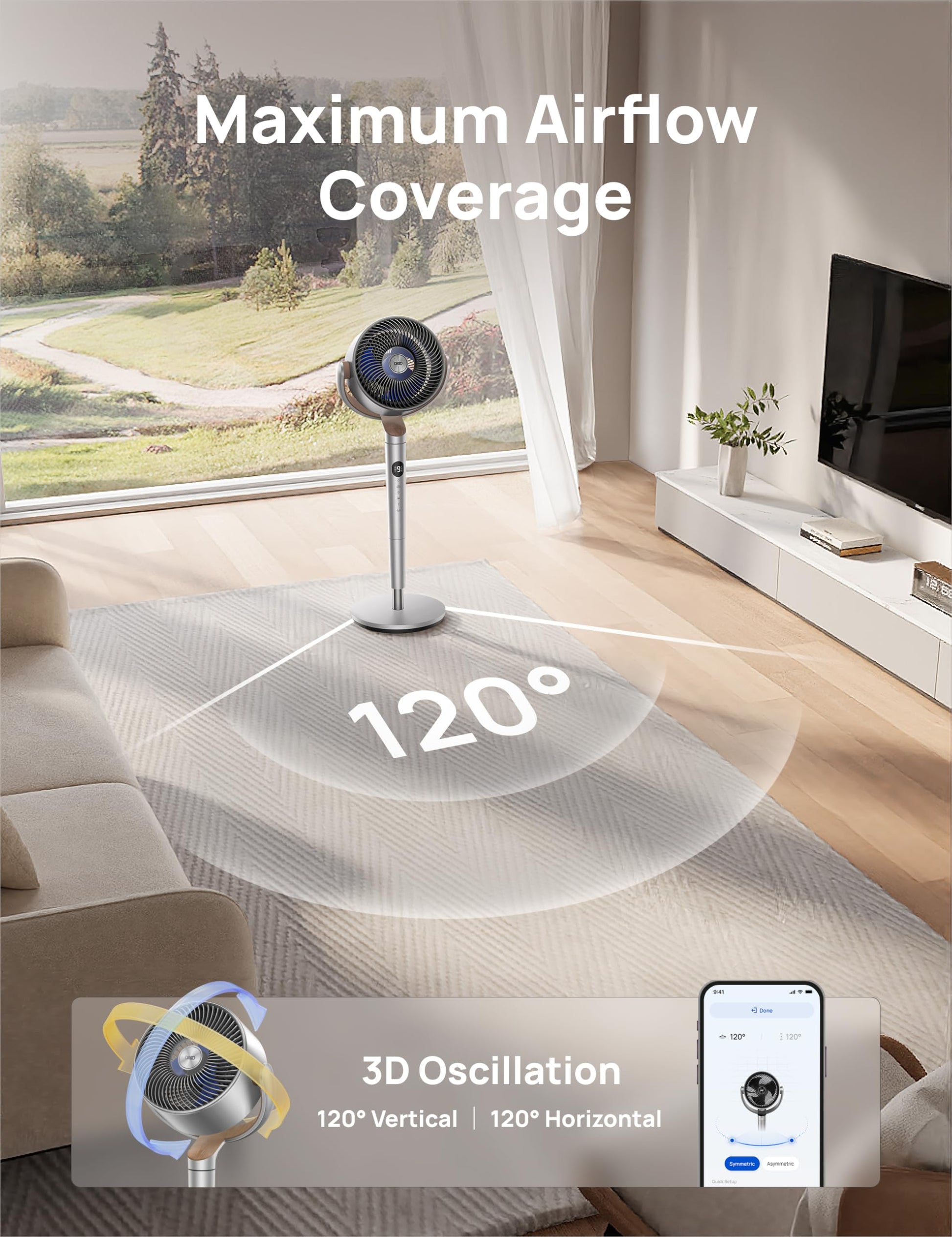 DREO Smart Fans for Bedroom, 120° +120° Omni-Directional Oscillating Fan, 90ft Quiet Pedestal Fan with RGB Light, 9 Speeds, 6 Modes, 20dB, 8H Timer, Wi-Fi/Voice, 37-42" Floor Fans with Remote, Silver