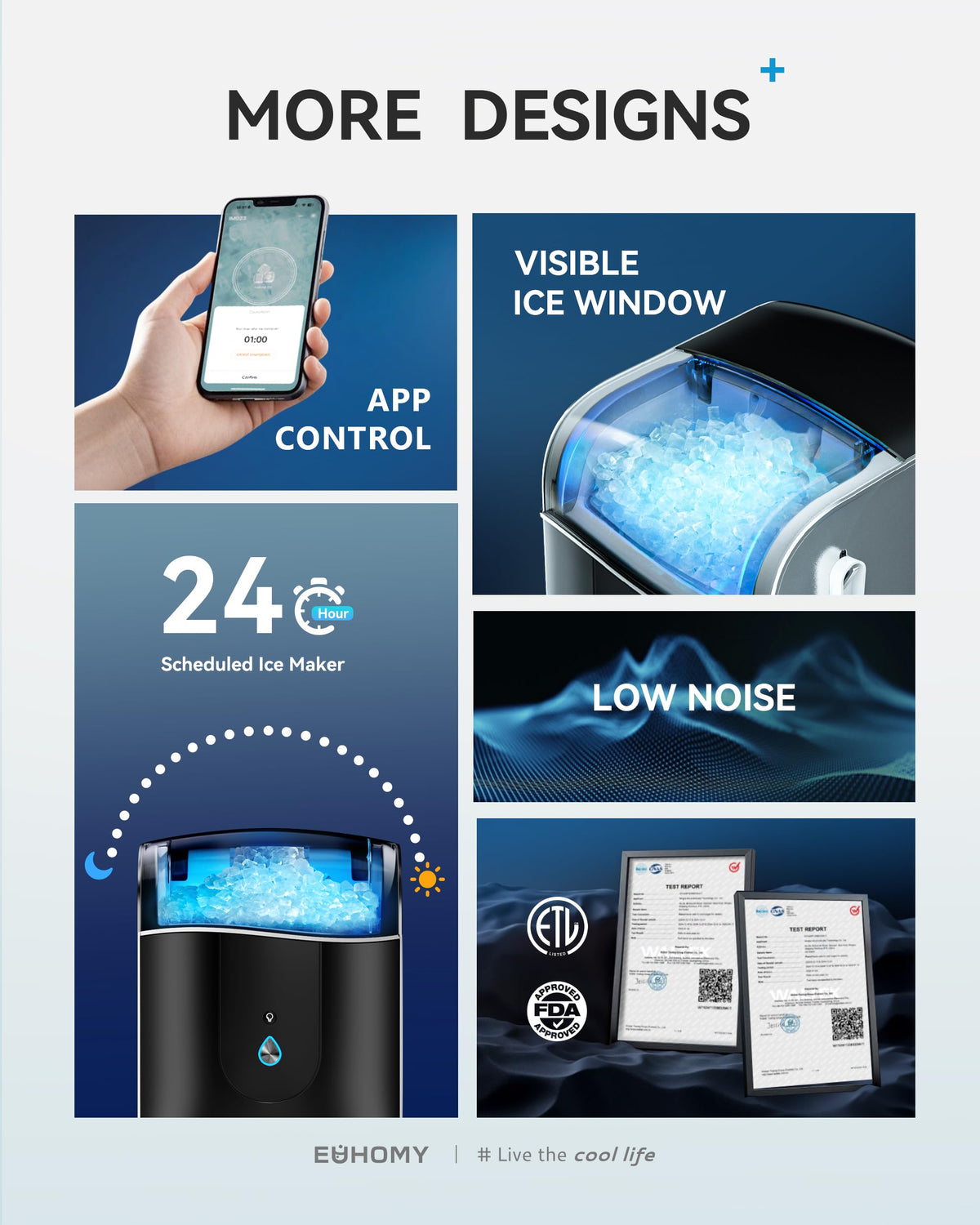 Machine à glaçons à pépites intelligente EUHOMY pour comptoir, machine à glaçons Sonic 18 kg/24 h avec contrôle par application, prête en 8 minutes, machine à glaçons en forme de galets autonettoyante pour la maison, la cuisine ou le bureau