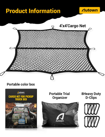 AUTOWN Cargo Net for Pickup Truck Bed - Stretchable 4'x4' to 7'x7', High Elastic Fine Mesh 1''x1'' with 8 Metal Carabiners - Ideal for ATV, SUV, UTV, Truck and Boat Use (Single Layer)