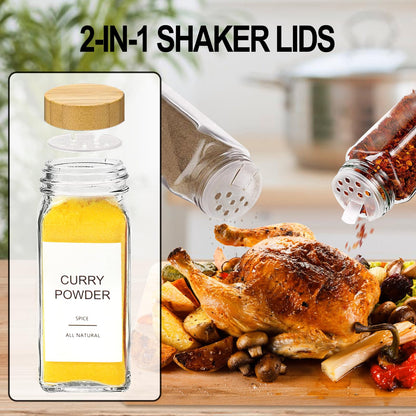 AISIPRIN 24 Pcs Glass Spice Jars with Bamboo Airtight Lids and 398 Labels, 4oz Empty Square Containers Seasoning Storage Bottles - Shaker Lids, Funnel, Brush and Marker Included