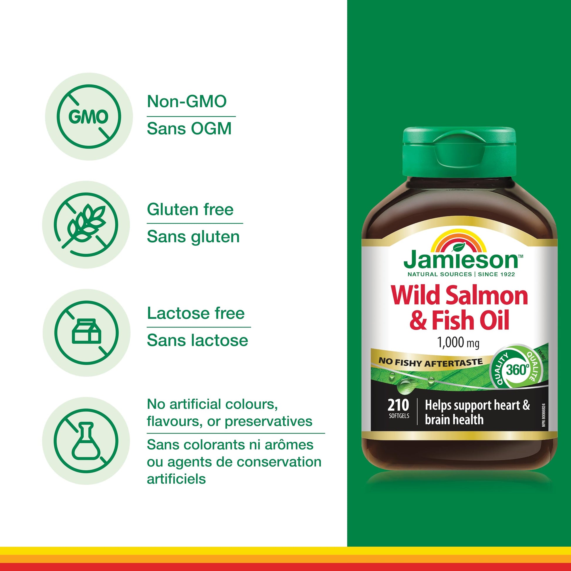 Jamieson Wild Salmon & Fish Oil 1,000 mg, No Fishy Aftertaste, Supports Heart Health and Brain Health. With Wild Alaskan Salmon, EPA, and DHA, Non-GMO, Gluten-Free, Proudly Canadian, 210 Softgels Jamieson