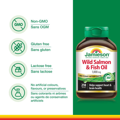 Jamieson Wild Salmon & Fish Oil 1,000 mg, No Fishy Aftertaste, Supports Heart Health and Brain Health. With Wild Alaskan Salmon, EPA, and DHA, Non-GMO, Gluten-Free, Proudly Canadian, 210 Softgels Jamieson