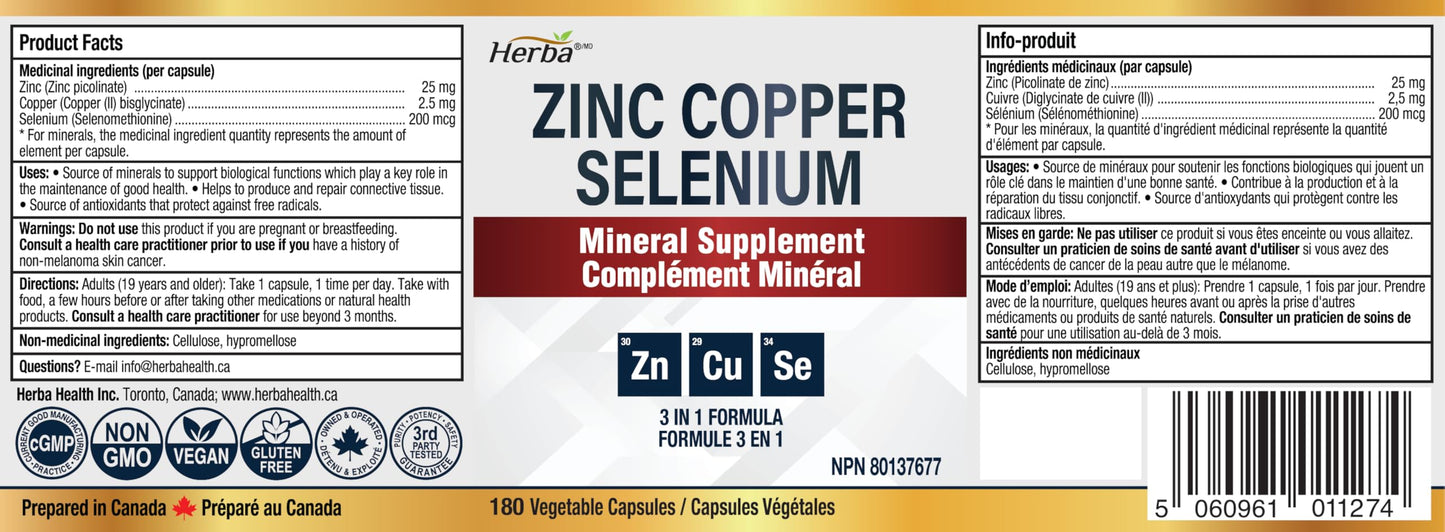 Herba Zinc Picolinate 25mg with Copper and Selenium - 180 Capsules | 3 in 1 Mineral Supplement | Selenium Zinc Copper Supplement | 6 Months Supply | Immune Support | Made in Canada - Available at All In One Marketplace Canada