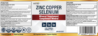 Herba Zinc Picolinate 25mg with Copper and Selenium - 180 Capsules | 3 in 1 Mineral Supplement | Selenium Zinc Copper Supplement | 6 Months Supply | Immune Support | Made in Canada - Available at All In One Marketplace Canada