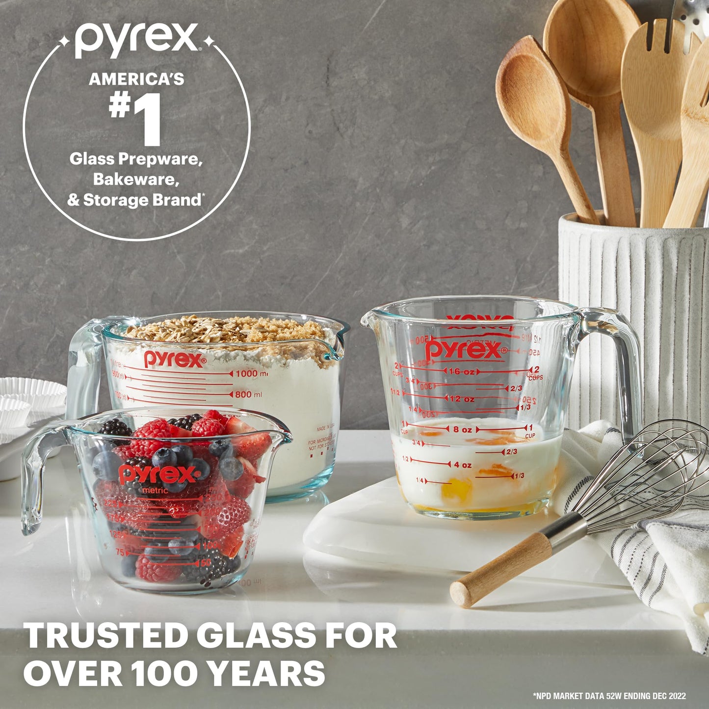 Pyrex 3 Piece Glass Measuring Cup Set, Includes 1-Cup, 2-Cup, and 4-Cup Tempered Glass Liquid Measuring Cups, Dishwasher, Freezer, Microwave, and Preheated Oven Safe, Essential Kitchen Tools - Available at All In One Marketplace Canada
