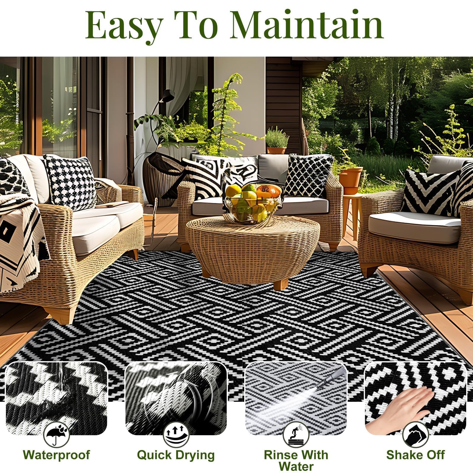 OPPODREAM Outdoor Rug 5x7 Ft, Waterproof Outdoor Plastic Straw Rug for Patio, Reversible Out Door Carpet for Camping, Deck, Rv, 5 x 7 Area Carpet Balcony, Porch, Backyard, Black and White