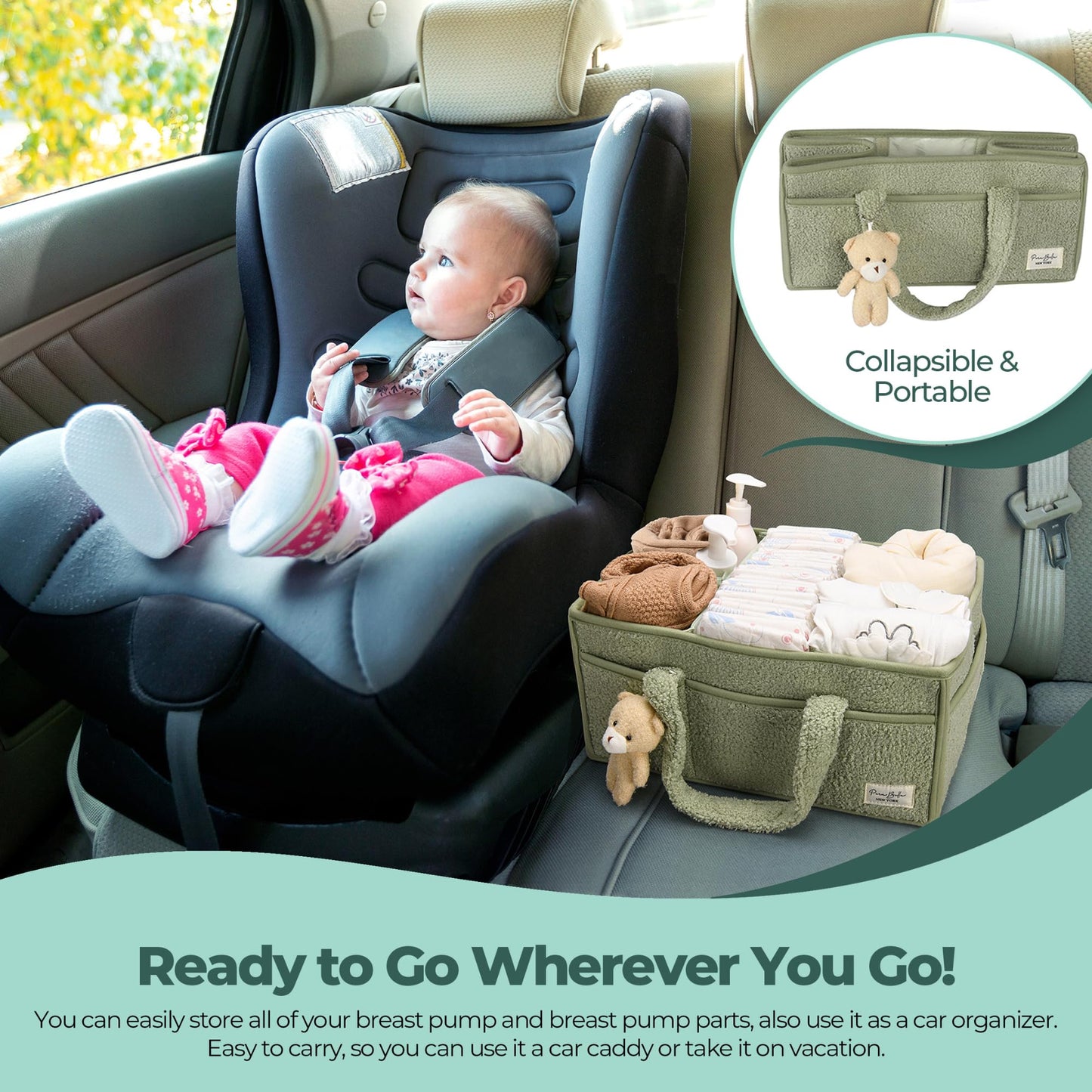 PeraBella Baby Diaper Caddy Organizer, Baby Organizers and Storage for Changing Table, Babies Shower Gift Basket for Boy &Girl, Nursery Essentials Car Caddy Organizer with Handle, Green Diaper Basket