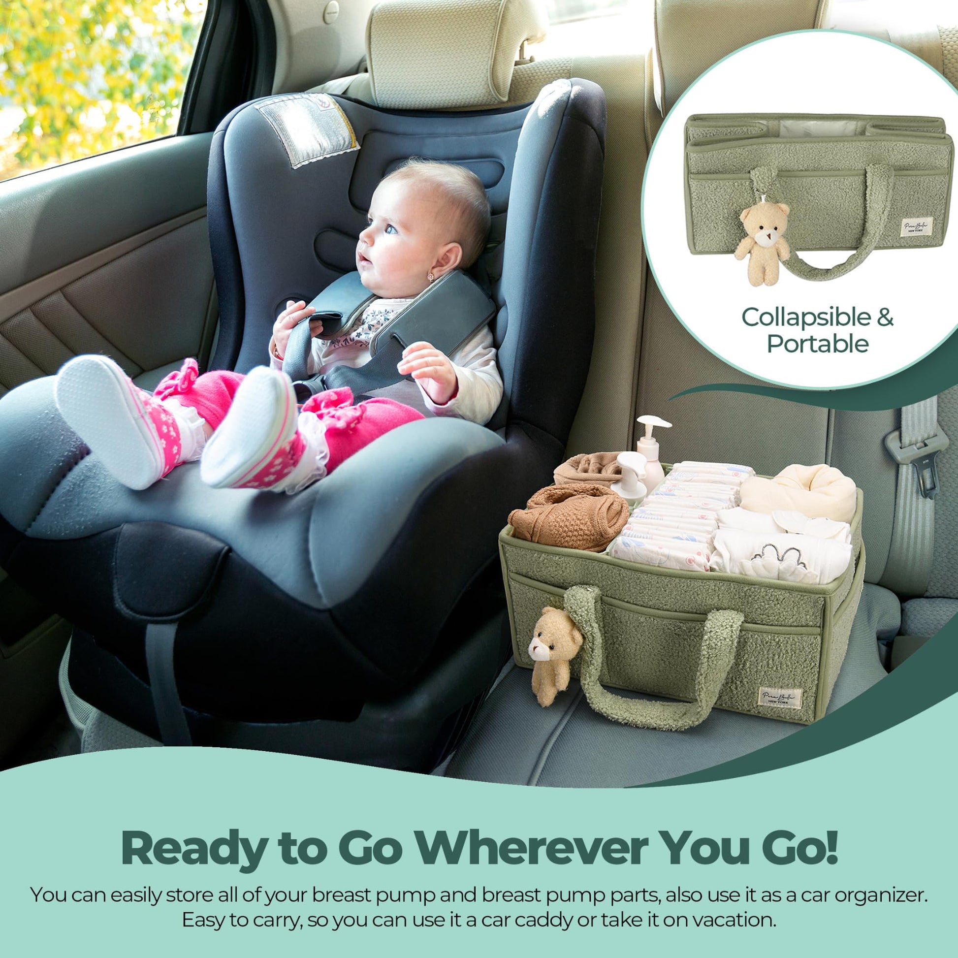 PeraBella Baby Diaper Caddy Organizer, Baby Organizers and Storage for Changing Table, Babies Shower Gift Basket for Boy &Girl, Nursery Essentials Car Caddy Organizer with Handle, Green Diaper Basket