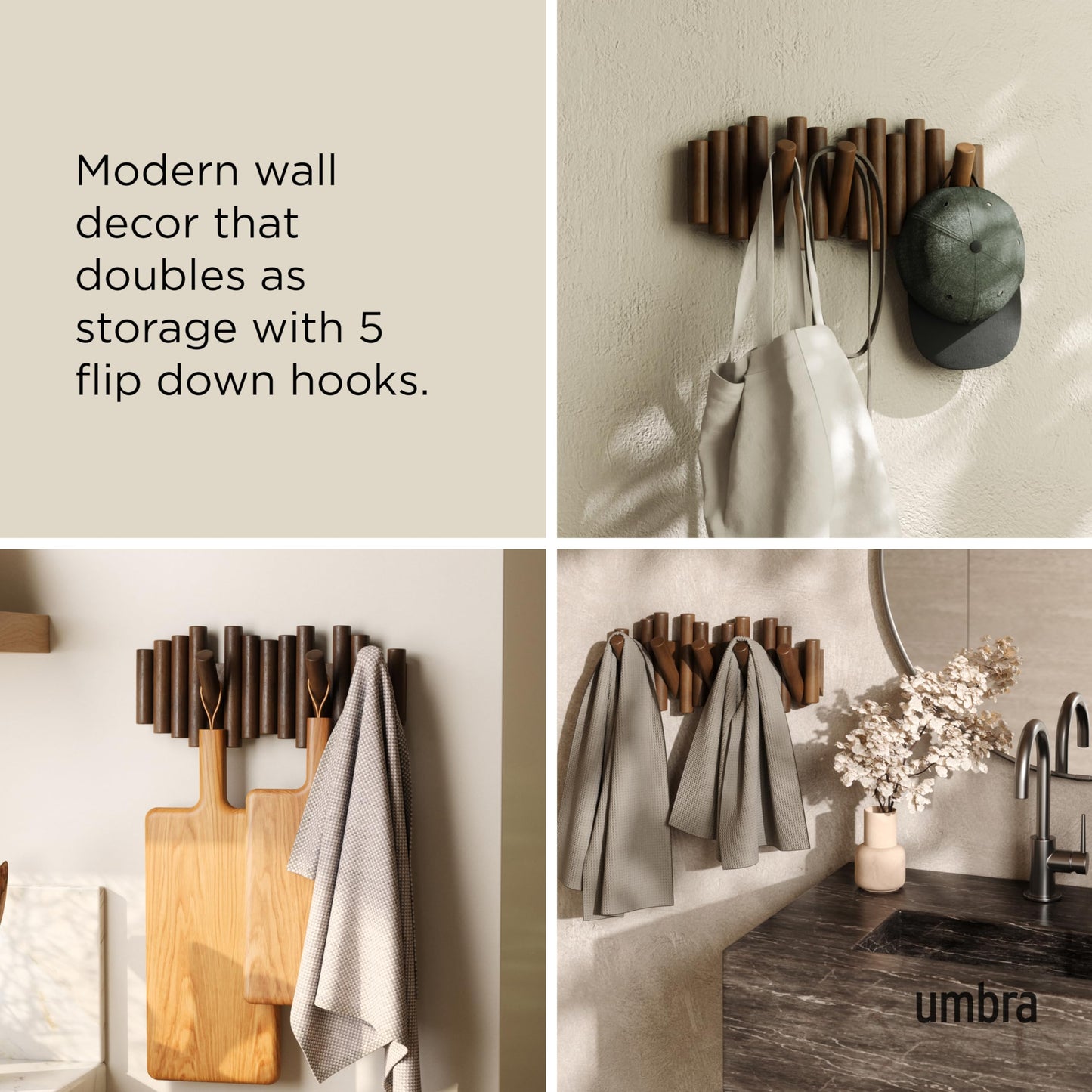 Umbra Picket Wall-Mounted Coat Rack Rail Hook with 5 Retractable Wood Pegs – Modern, Space-Saving Storage Organizer, Walnut Umbra
