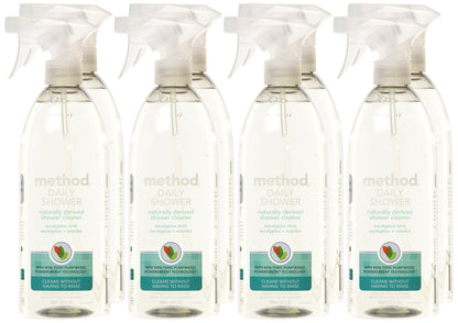 Method Daily Shower Cleaner Spray, Plant-Based & Biodegradable Formula, Spray and Walk Away - No Scrubbing Necessary, Eucalyptus Mint Scent, 828 ml Spray Bottles, 8 Pack, Packaging May Vary