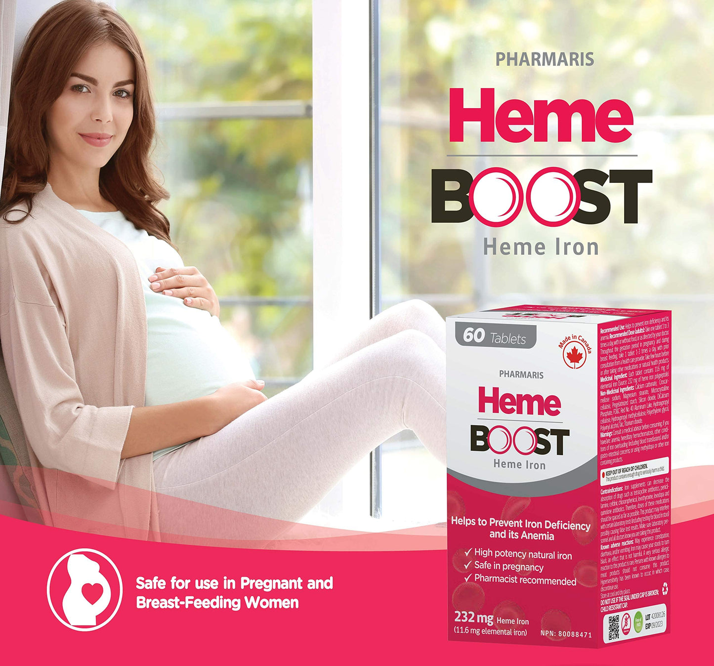 Hemeboost 232mg Heme Iron Supplements Polypeptide, (11.6mg Elemental Iron), Prevents Iron Deficiency & Anemia, Better Absorption, Well-Tolerated, Safe for Pregnancy, 60 Tablets - Available at All In One Marketplace Canada