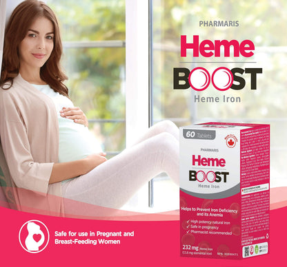 Hemeboost 232mg Heme Iron Supplements Polypeptide, (11.6mg Elemental Iron), Prevents Iron Deficiency & Anemia, Better Absorption, Well-Tolerated, Safe for Pregnancy, 60 Tablets - Available at All In One Marketplace Canada