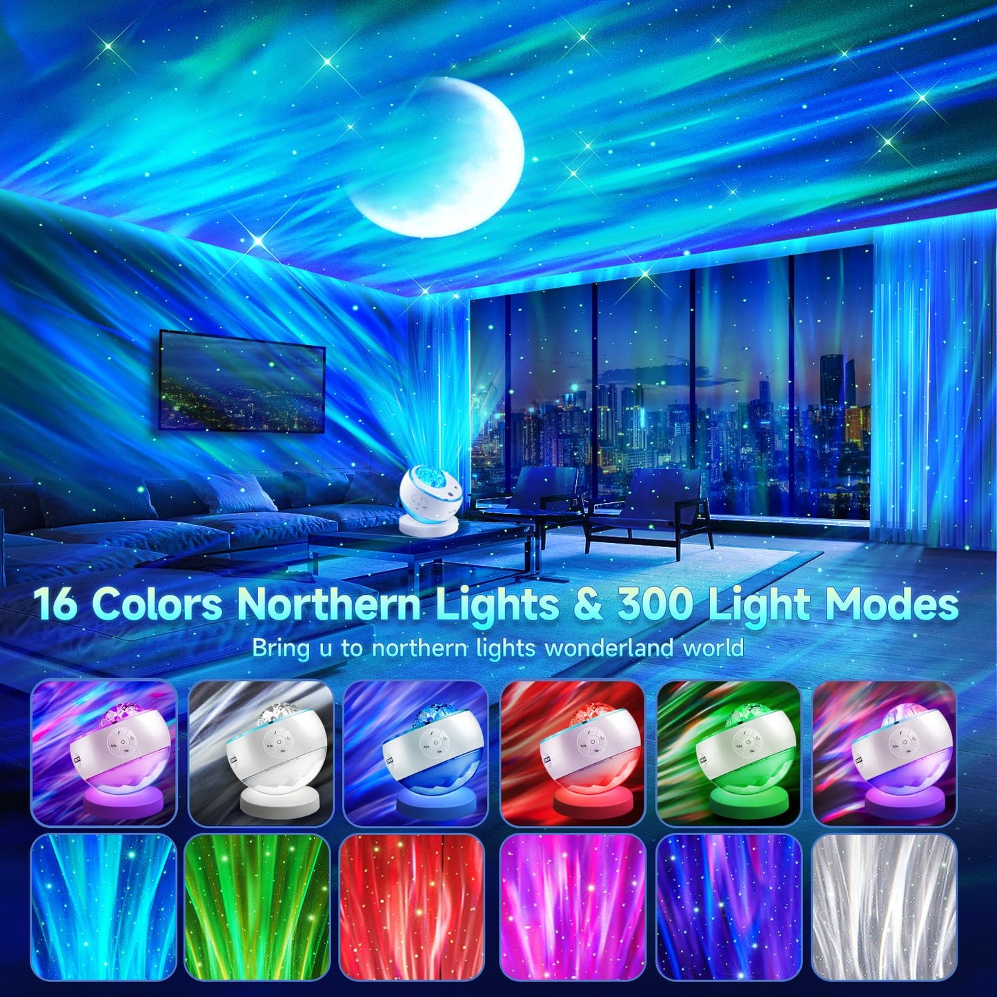 Northern Lights Projector Galaxy Projector with 300+ Light Effects, LED Star Projector for Bedroom Aurora Light, Remote Control, 15 White Noises, Bluetooth Speaker Galaxy Light Gifts for Kids Adults - Available at All In One Marketplace Canada