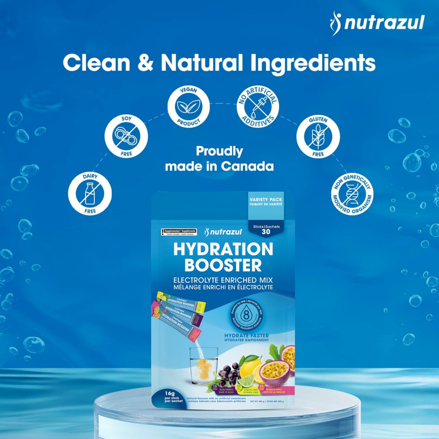 Nutrazul Hydration Booster, Electrolytes Powder Sticks with Sodium, Potassium, Vitamin B6 & B12, No Artificial Sweeteners, Acai Berry, Lemon Lime, Passion Fruit Flavour, 30 Sticks - Available at All In One Marketplace Canada