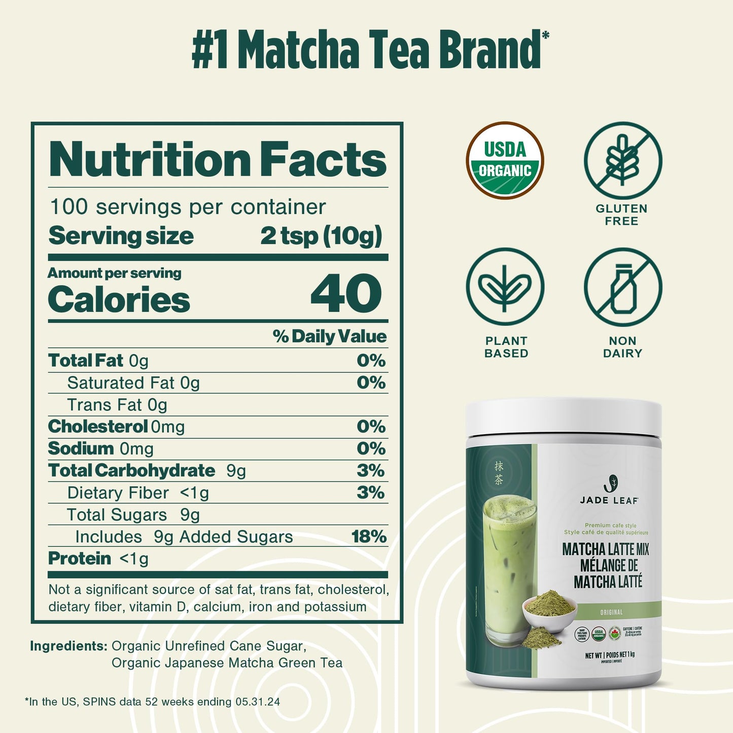 Jade Leaf Matcha Organic Matcha Latte Mix - Lightly Sweet Japanese Matcha Green Tea Powder with Organic Cane Sugar for Café Style Blend, 100 Servings (1kg Tub)