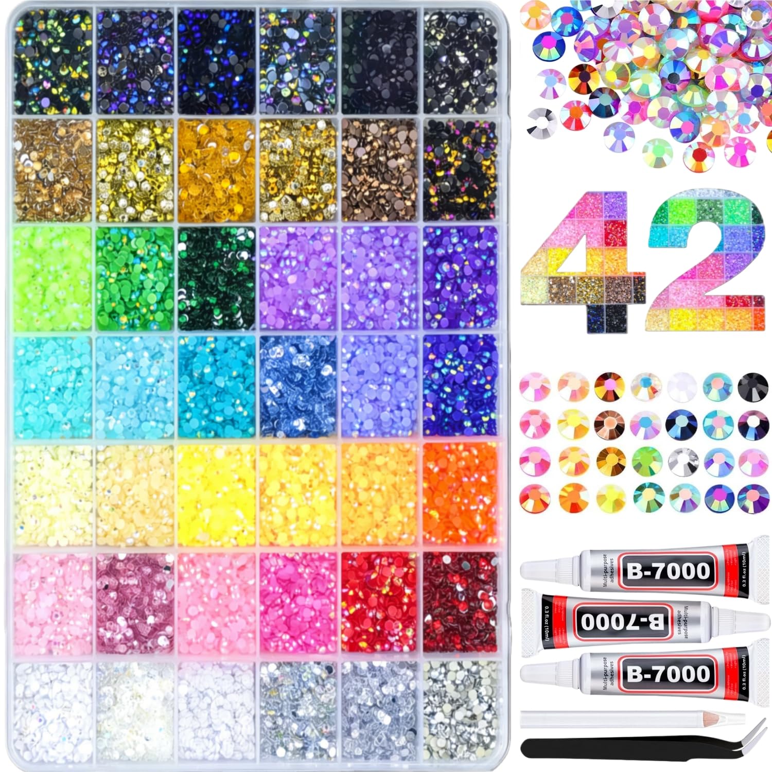 42 Colors 32000Pcs Jelly Rhinestones Bedazzling Kit, 3mm Multicolor Flatback Gems for Crafting, Bedazzle Kit with Tweezers Pen 3Pcs B7000 Glue for Clothes Book Shoes Nails Art Makeup - Available at All In One Marketplace Canada