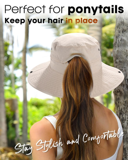 FURTALK Sun Hat for Women Men UV Protection Safari Hat Womens Summer Wide Brim Packable UPF50 Hiking Fishing Cowboy Style hat Beige