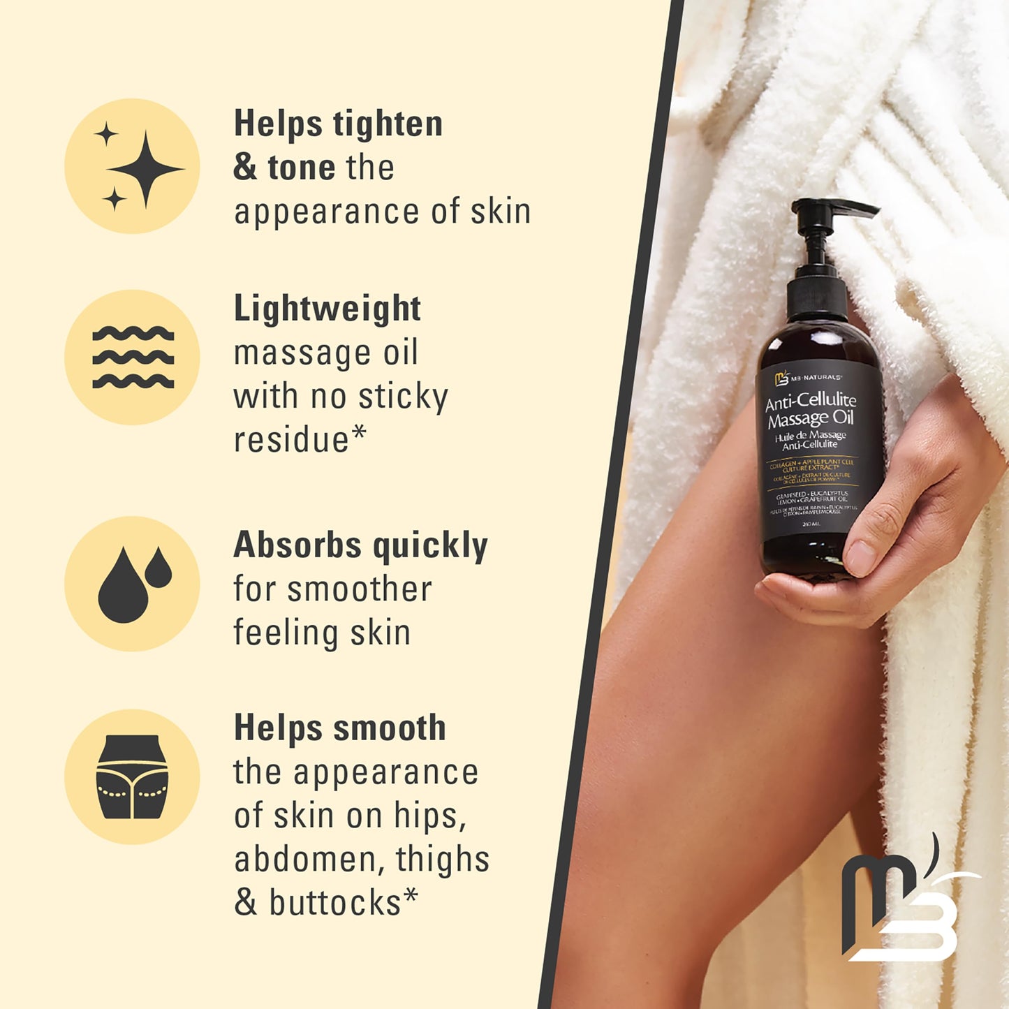 Firming Body Massage Oil with Collagen & Stem Cell – Helps Smooth the Appearance of Cellulite & Improve Skin Texture – Refreshing Aromatherapy Oil for Legs & Full Body – 8 fl oz by M3 - Available at All In One Marketplace Canada