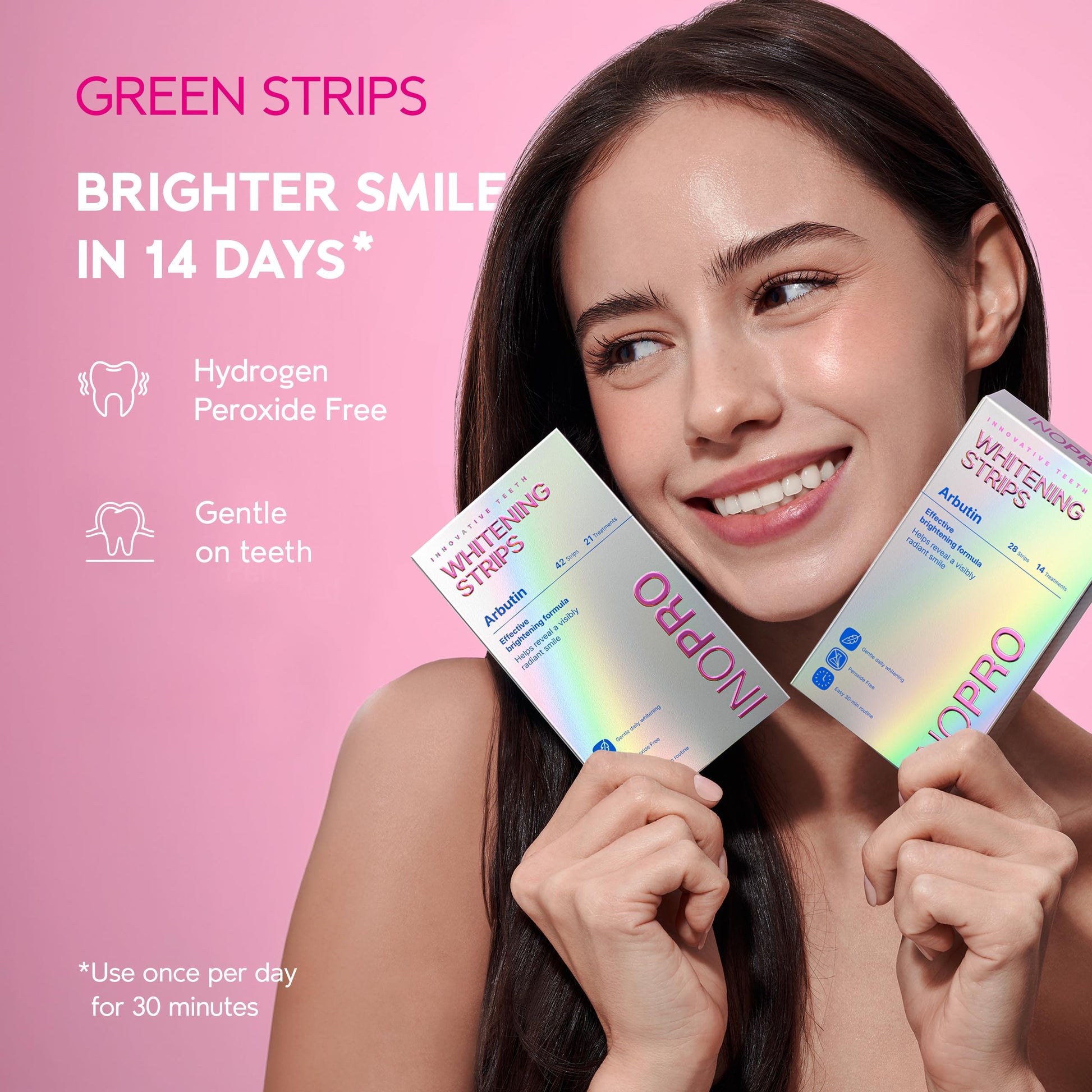 InoPro Teeth Whitening Strips 14 Treatments Kit - Sensitive Teeth Whitener, Peroxide Free, Enamel Safe Green White Strips, Deep Stains Removal - Instant Teeth Whitening Without The Harm (28 Strips) - Available at All In One Marketplace Canada