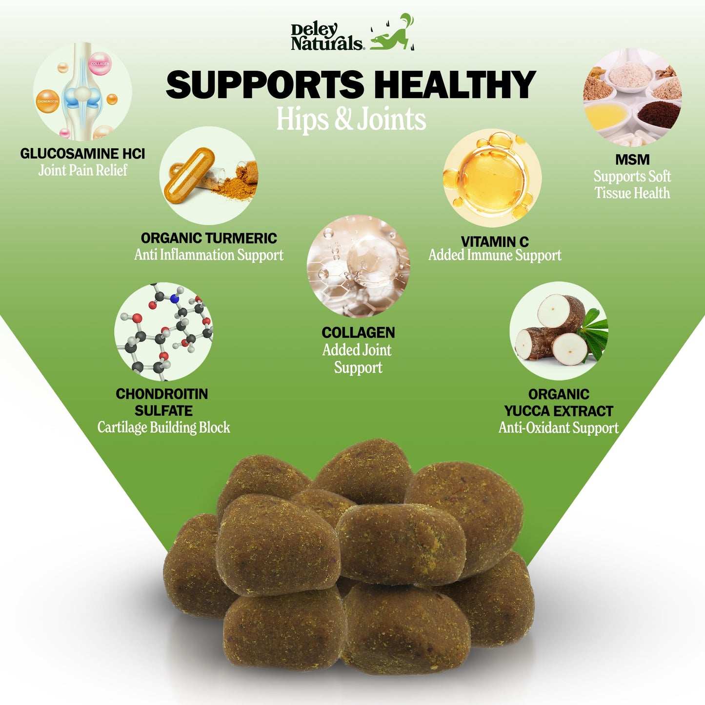 Deley Naturals Hip and Joint Supplement for Dogs - Glucosamine Chondroitin MSM & Collagen for Dogs - Dog Joint Supplement, Smaller Chews, Low Calories, Same Ingredients - 120 Chicken Flavor Chews