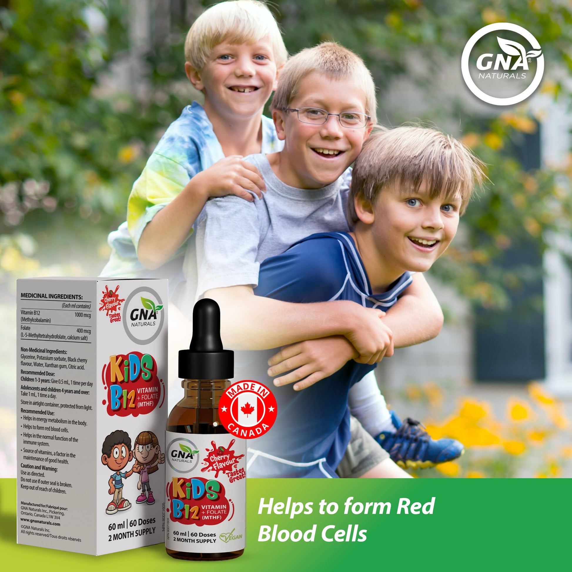 GNA Naturals Kids Vitamin B12 with Folate Supplement, 60ml - VitaminB12 Methylcobalamin 1000 mcg - Liquid Drops for Kids - Cherry Flavour- Methyl B12 Folate Supplement - Vitamin-B12-Complex – Vegan – For energy, metabolism and supports memory– Made in Can - Available at All In One Marketplace Canada