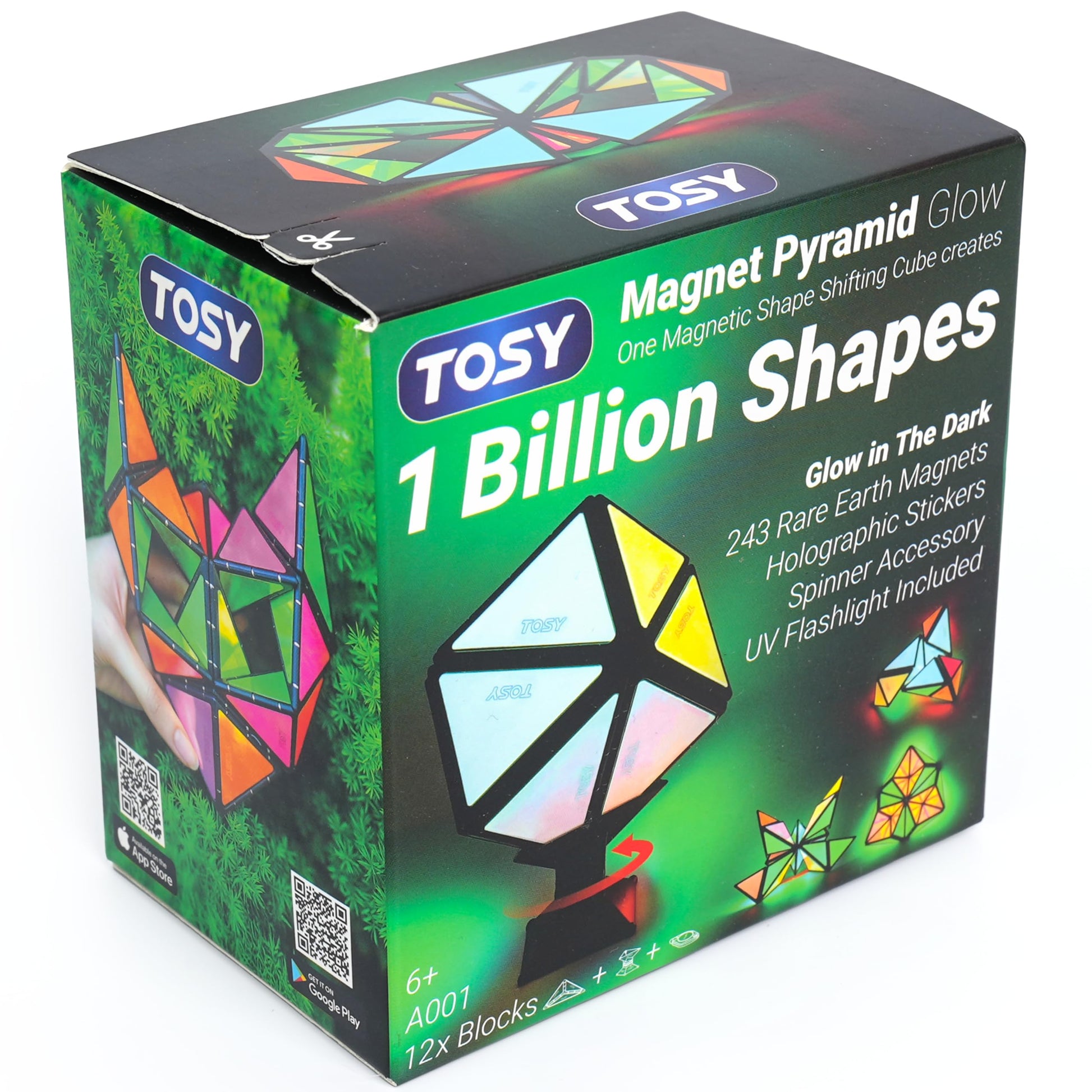 TOSY Magnet Pyramid Glow - 1 Cube Transforms into 1 Billion Shapes, 12 Pieces, 243 Rare Earth Magnets, Glowing, Holographic Design Magnet Tiles Creative Puzzle STEM/STEAM Toy