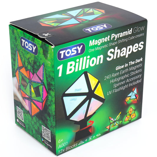 TOSY Magnet Pyramid Glow - 1 Cube Transforms into 1 Billion Shapes, 12 Pieces, 243 Rare Earth Magnets, Glowing, Holographic Design Magnet Tiles Creative Puzzle STEM/STEAM Toy