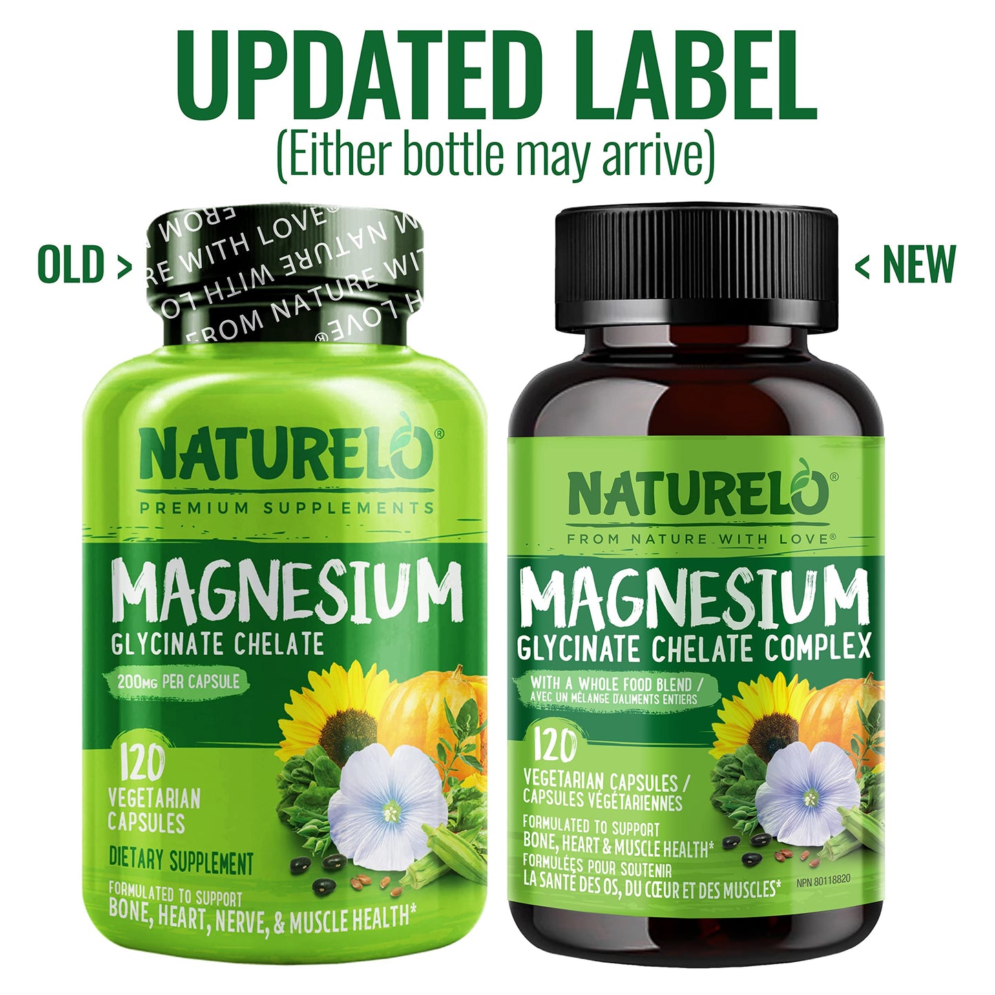 NATURELO Magnesium Glycinate Chelate Complex - 200 mg Magnesium, 120 Capsules, Support Sleep, Calm, Muscle Cramp & Stress Relief, Gluten Free, Non GMO, with Organic Vegetables - Available at All In One Marketplace Canada