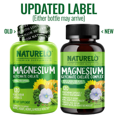 NATURELO Magnesium Glycinate Chelate Complex - 200 mg Magnesium, 120 Capsules, Support Sleep, Calm, Muscle Cramp & Stress Relief, Gluten Free, Non GMO, with Organic Vegetables - Available at All In One Marketplace Canada