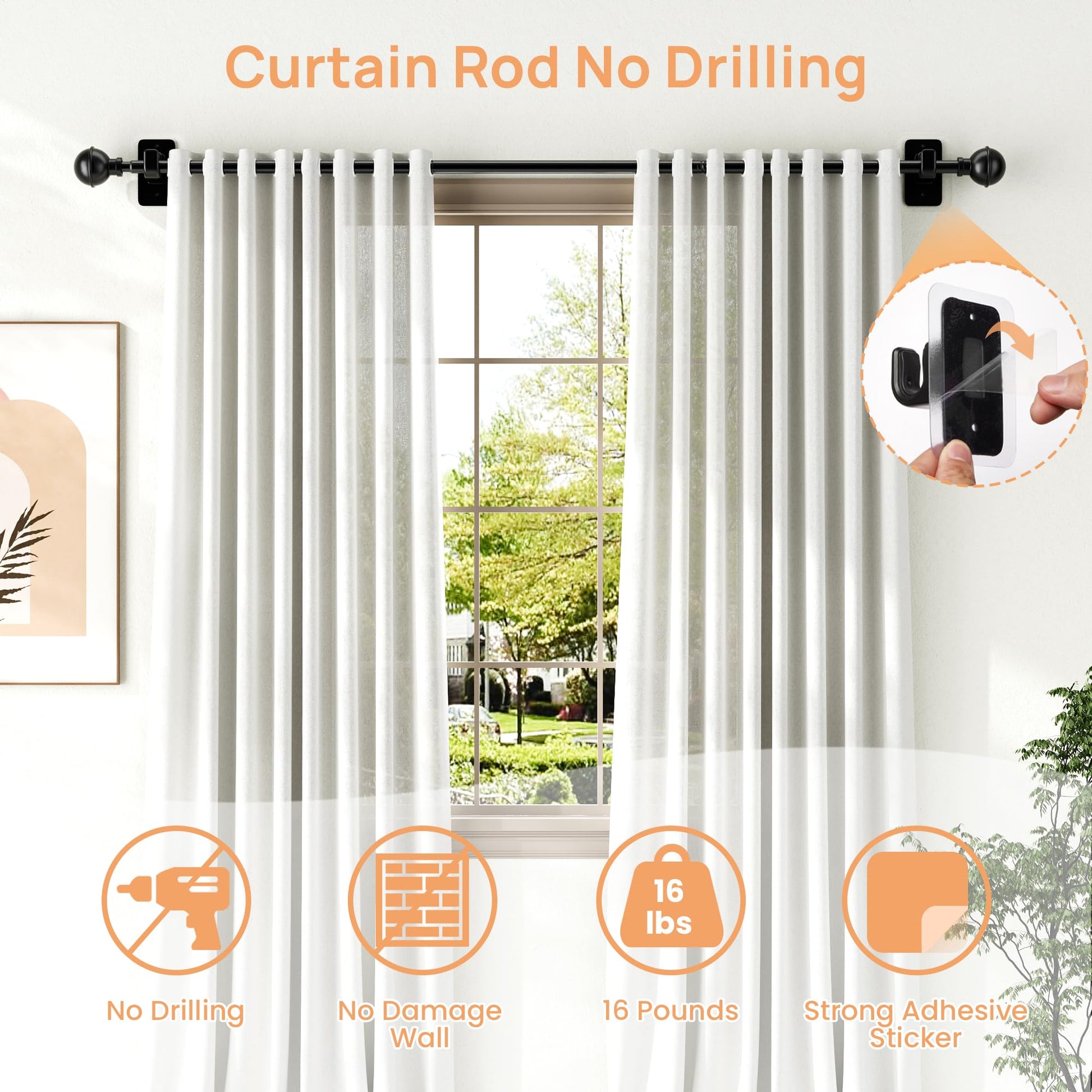 upsimples No Drill Curtain Rods for Window 28 to 48 Inches, 5/8 Inch Diameter Renter Friendly Drapery Rod with Adhesive Brackets without Drilling, Adjustable from 27 to 52 Inches, Black