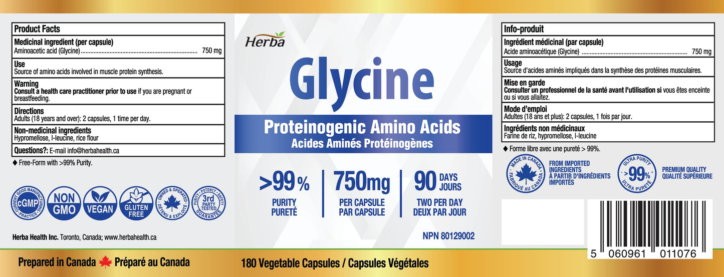 Herba Glycine Supplement 750mg - 180 Capsules | >99% Ultra Pure Glycine Capsules | Free-form Proteinogenic Amino Acids Supplements | Made in Canada - Available at All In One Marketplace Canada