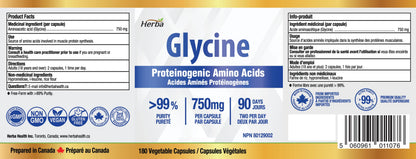 Herba Glycine Supplement 750mg - 180 Capsules | >99% Ultra Pure Glycine Capsules | Free-form Proteinogenic Amino Acids Supplements | Made in Canada - Available at All In One Marketplace Canada