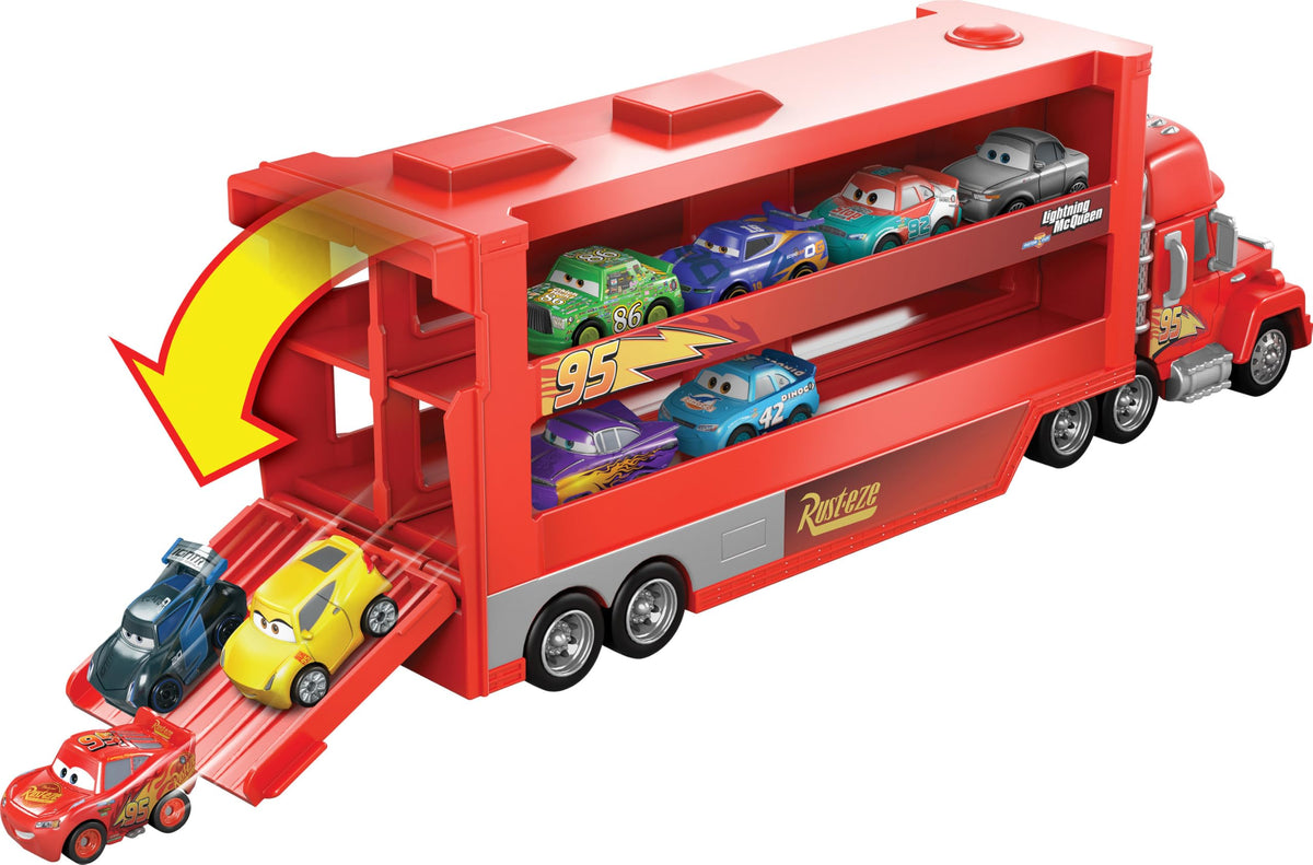 Mattel Disney and Pixar Cars Toy Transporter, Large-Scale Truck, Mack Hauler Holds 18 Miniatures & Includes 1 Metal Lightning McQueen, Play & Display